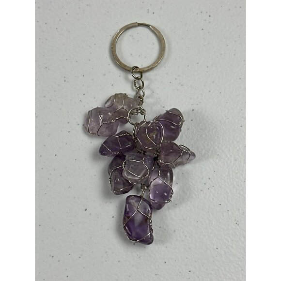 Amethyst Crystal Cluster Keychain With Wire Wrap Detailing & Silver-Tone Keyring - Picture 3 of 3